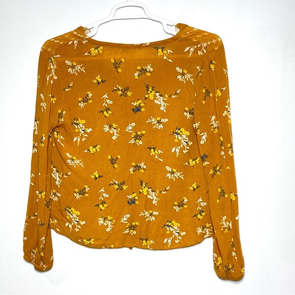 Jolt Women's Blouse L Mustard Yellow Hi Low Floral Vneck Front Tie Long Sleeve - Picture 7 of 14